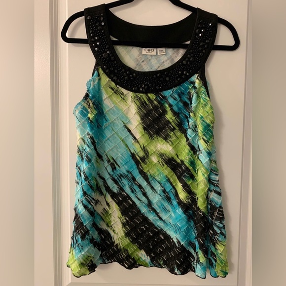 Cato Tops - #287 - CATO Sleeveless Tank Blouse w/Beaded Collar Black/Green/Aqua/White 14/16W
